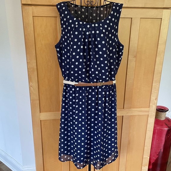 ALYX blue with white polka dots sleeveless Dress and belt size 16 - Picture 1 of 7